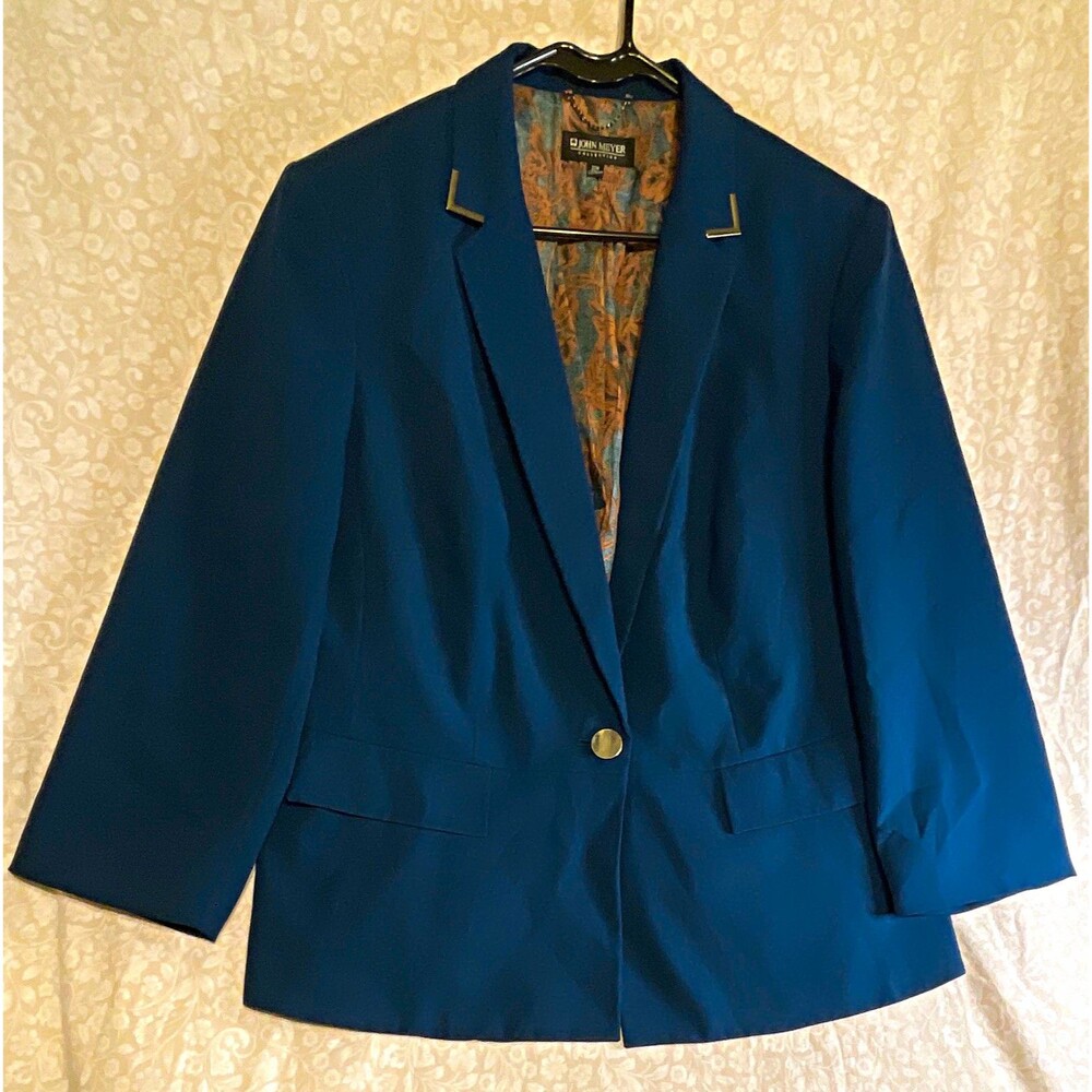 John Meyer Women's Blue Plus Size 20 One-Button Lined Blazer 3/4 Sleeve